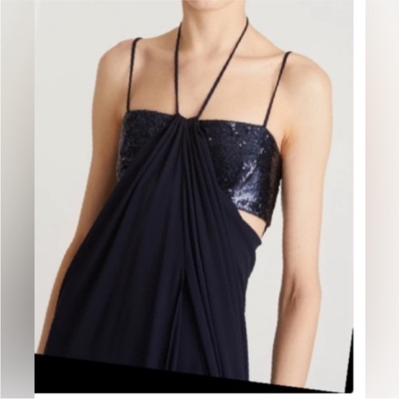 HALSTON Del Sequin Draped Jersey Sleeveless Halter Formal Jumpsuit Size 12 - Picture 2 of 10